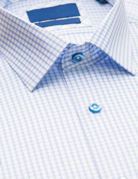 Chemise Bleue Carreaux Avec Accent Sur Col Bouton Gros Plan — Photo