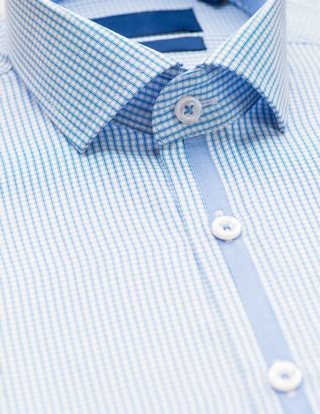 Chemise Bleue Carreaux Avec Accent Sur Col Bouton Gros Plan — Photo