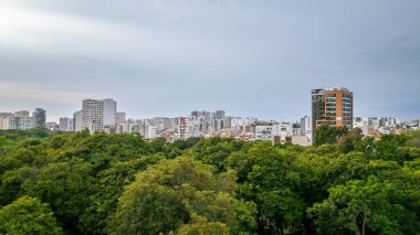 Lima 'daki Lince ilçesi ve yeşil Ramon Castilla parkının şehir manzarası..