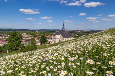 Papatyaları olan bir tepedeki kilise.