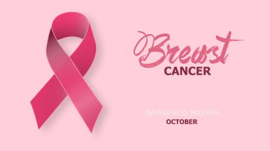 Çemberli gerçekçi pembe meme kanseri kurdelesi vektör çizimi. Göğüs kanseri farkındalığı sembolü. 3B tasarım şablonu ve bir farkındalık ayı kampanya pankartı için gölgeli bir parıltı kurdelesi.