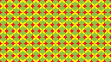 Kırmızı zemin üzerinde tekrarlanan geometrik bir desen. Üst üste binen yeşil daireler kesişme noktalarında sarı çiçek ya da elmas deseni oluşturuyor..