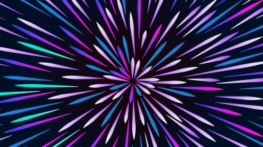 Karanlık bir merkezden yayılan mavi, mor ve pembe çizgili radyal desenli renkli bir arka plan soyut bir ışık patlaması ya da dinamik havai fişek etkisi yaratır..