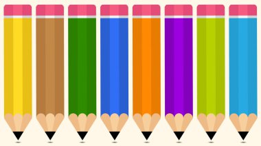Pembe silgileri düzgün bir yatay sıraya dizilmiş kısa ve renkli kalemler grubu..