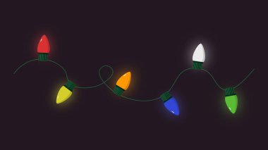 Koyu arkaplanda renkli ampullerle asılı bir dizi Noel ışıklarının düz vektör çizimi.