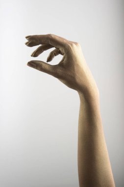 Beyaz arkaplanda çeşitli pozlar, jestler ve renkler bulunan kadın elleri.