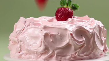 Çilekli krema ve meyveli kırmızı şurupla kaplanmış çilekli lezzetli bir pasta..