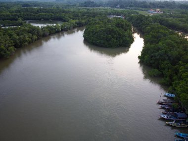 Geladhak Lanjhang haliçleri sakin gelgit sularıyla denizle buluşuyor, mangrovların üzerindeki ılık ışık, hafif dalgalar ve doğal görseller için uygun huzurlu bir kıyı manzarası.