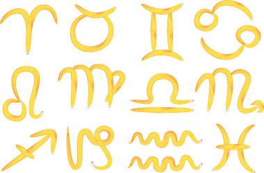 Sarı altın rengi, renkli soyut burç sembolleri.