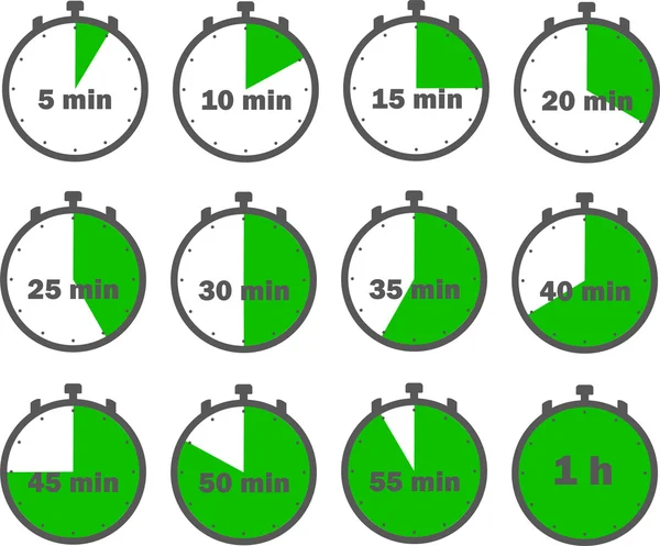 Πράσινο χρονόμετρο ανυσματικά εικονίδια μέσα σε λίγα λεπτά — Διανυσματικό Αρχείο