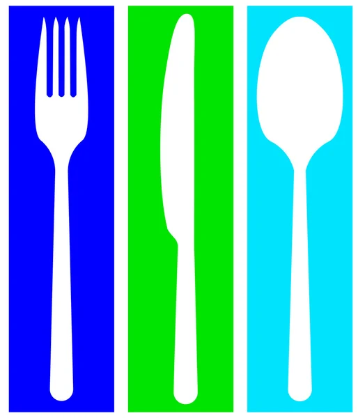 Silhouette of a spoon fork and knife art blue green — Stock Vector