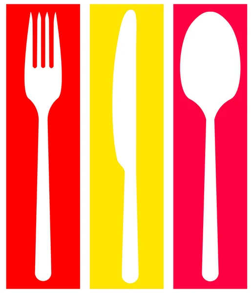 Silhouette of a spoon fork and knife art yellow red — Stock Vector