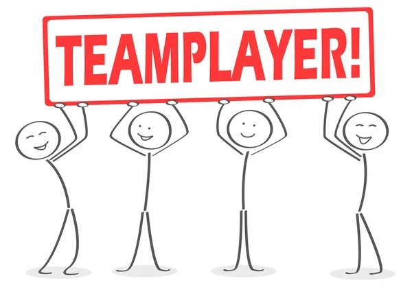 Stick figure team holding a big red sign with the text teamplayer up in the air — Stock Vector