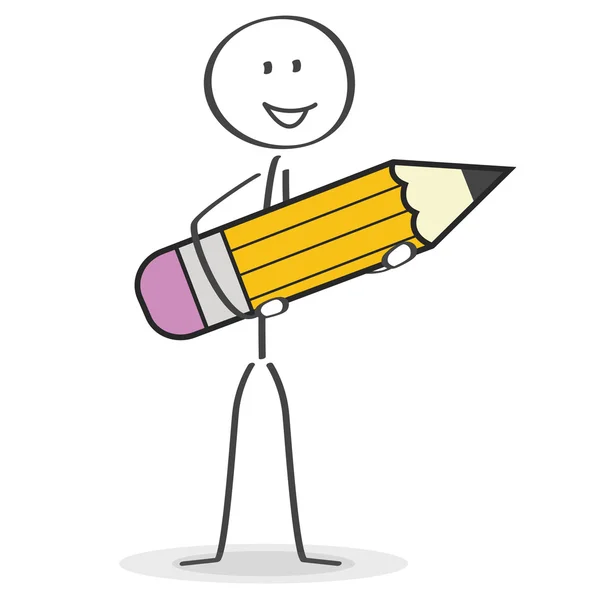 Stick figure holding a yellow pencil with rubber — Stock Vector