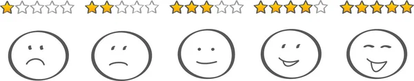 Sistema de classificação por estrelas douradas com rostos sorridentes — Vetor de Stock