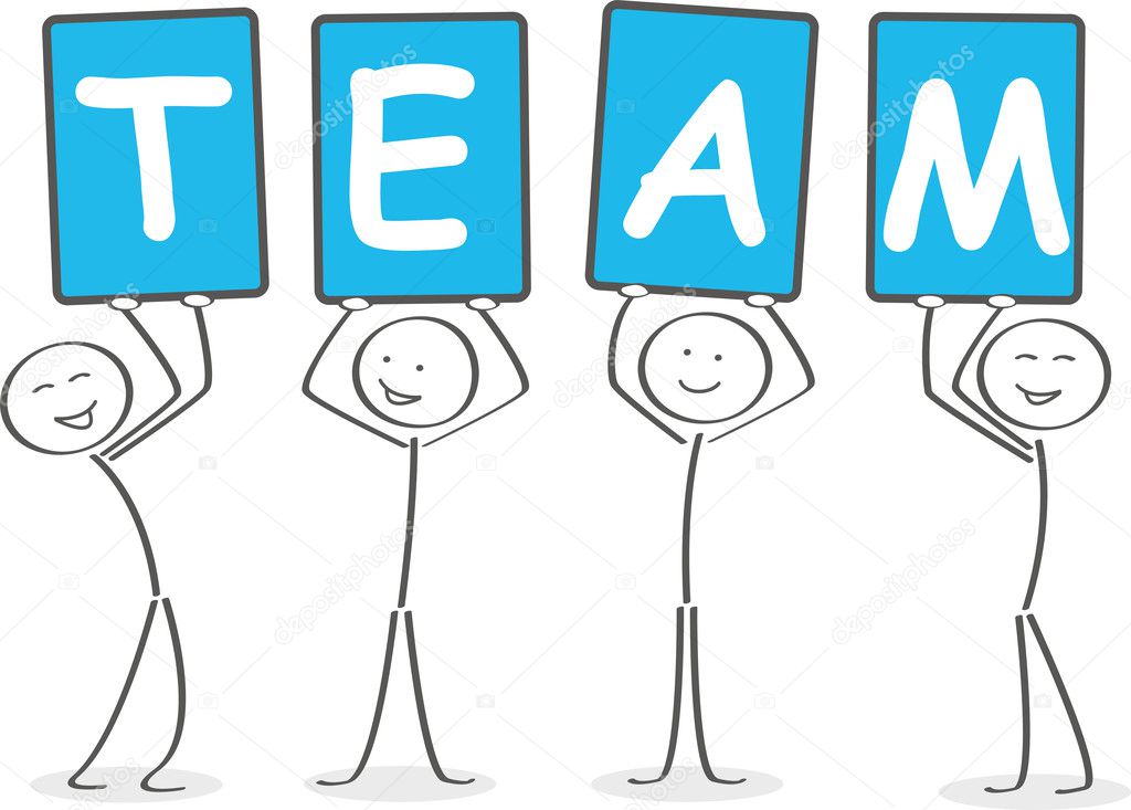 stickman holding blue text panels with the word team