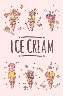 Dondurma külahları ve çiçekler el yapımı nesneler.