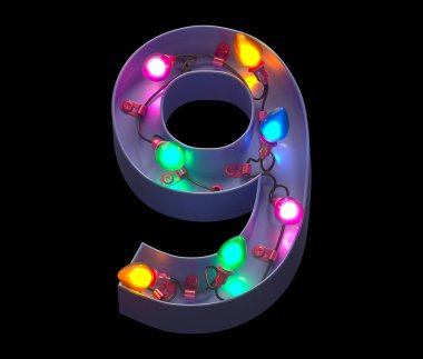 Renkli çelenk ışığı yazı tipi. 9 numara..