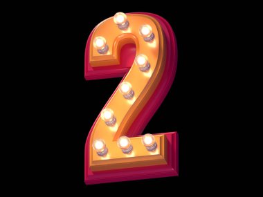 Işık saçan yazı tipi. Aydınlatılmış kırmızı ve sarı plastik sembol. 2 numara..