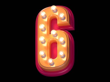 Işık saçan yazı tipi. Aydınlatılmış kırmızı ve sarı plastik sembol. 6 numara..