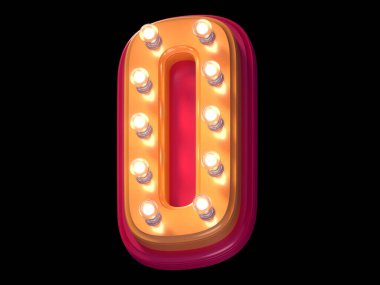 Işık saçan yazı tipi. Aydınlatılmış kırmızı ve sarı plastik sembol. O harfi.