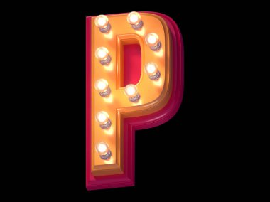 Işık saçan yazı tipi. Aydınlatılmış kırmızı ve sarı plastik sembol. P harfi.