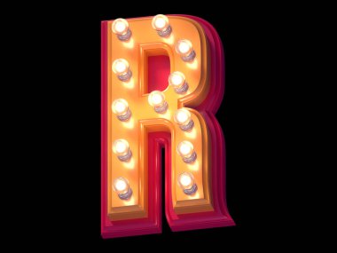 Işık saçan yazı tipi. Aydınlatılmış kırmızı ve sarı plastik sembol. R harfi.