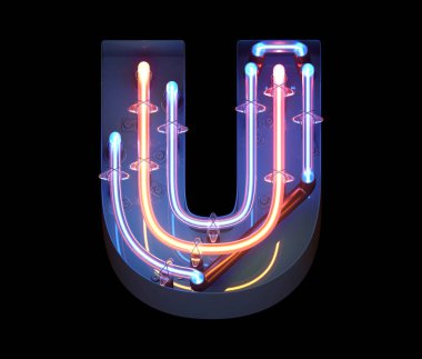 Metal kaplama yazı tipi neon. U harfi.