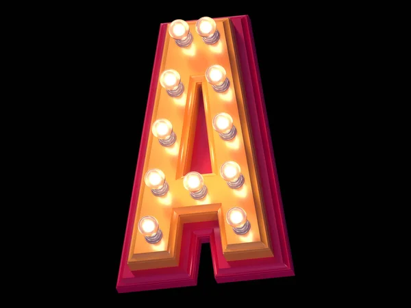 Işık saçan yazı tipi. Aydınlatılmış kırmızı ve sarı plastik sembol. A harfi..