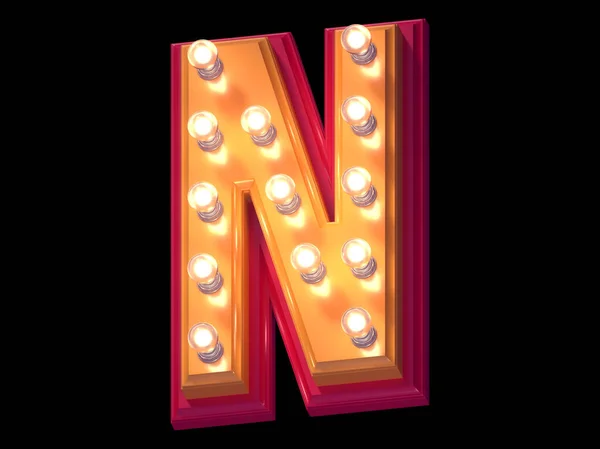 Işık saçan yazı tipi. Aydınlatılmış kırmızı ve sarı plastik sembol. N harfi.