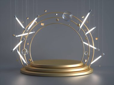 Altın rengi vitrin ve floresan lambalar..