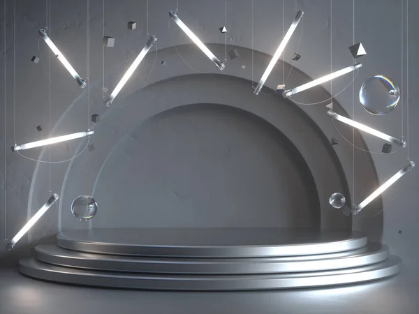 Gümüş kaide vitrini ve floresan lambalar.. 