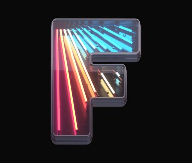 Retro neon yazı tipi. Renkli ışık. F harfi..