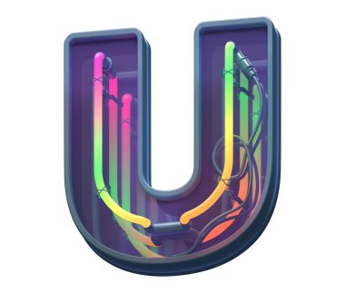 Çok renkli neon yazı tipi. U harfi.