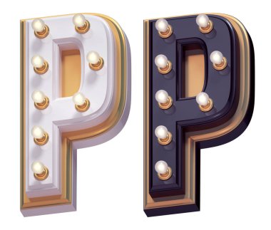 Altın renkli lamba ışığı yazı tipi. Beyaz ve siyah. P harfi.