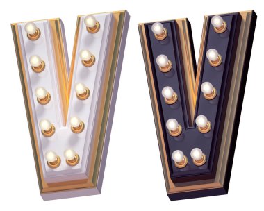 Altın renkli lamba ışığı yazı tipi. Beyaz ve siyah. V harfi.