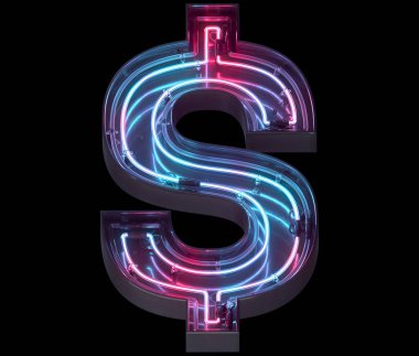 Metal neon ayna yazı tipi. Ultraviyole ışık. Dolar sembolü.