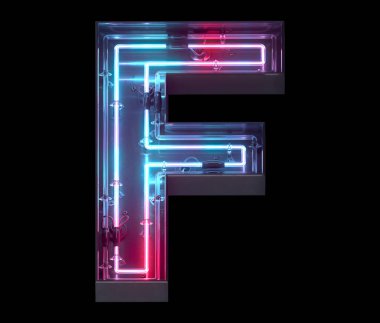 Metal neon ayna yazı tipi. Ultraviyole ışık. F harfi..