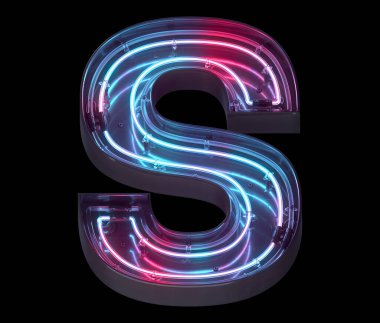 Metal neon ayna yazı tipi. Ultraviyole ışık. S harfi.