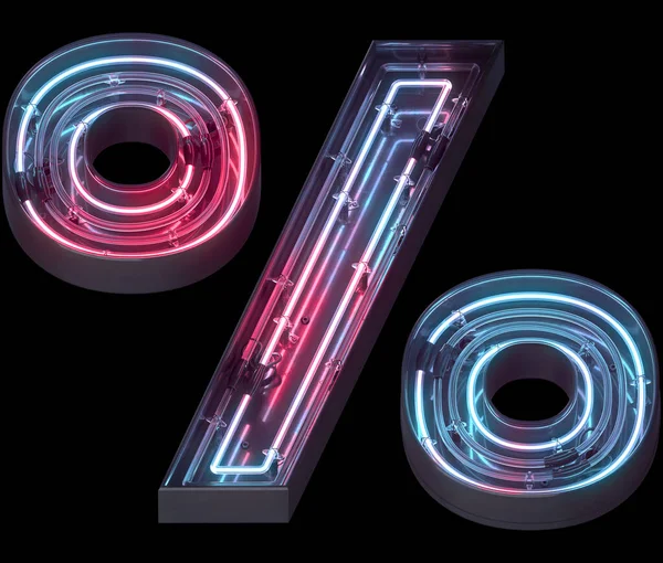 Metal neon mirror font. Ultraviolet light. Percent symbol.