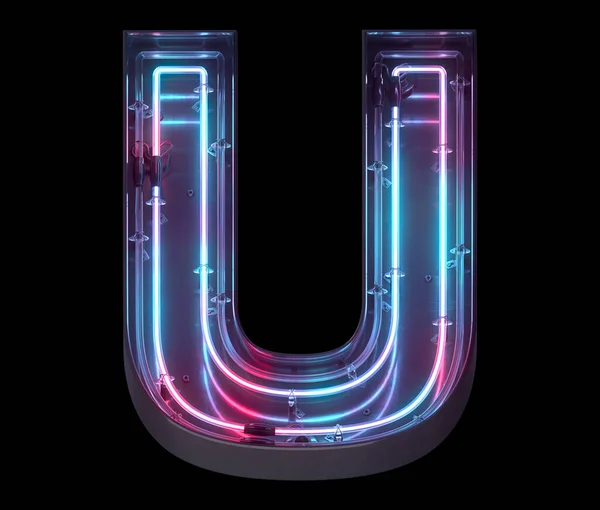 Metal neon mirror font. Ultraviolet light. Letter U.