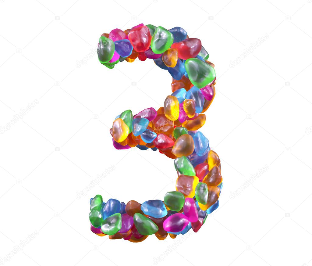 Colorful gems font. Letter 3.