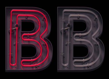Açık ve kapalı ile kırmızı ışık neon yazı tipi. B harfi..