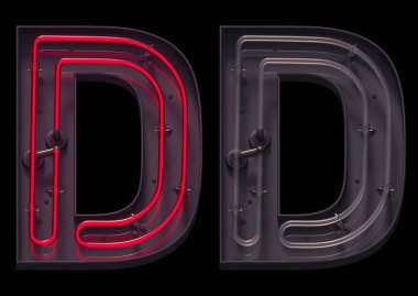 Açık ve kapalı ile kırmızı ışık neon yazı tipi. D harfi..