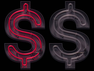 Açık ve kapalı ile kırmızı ışık neon yazı tipi. Dolar sembolü.