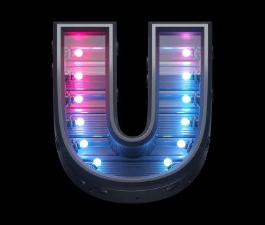 Ultraviyole lamba fütüristik yazı tipi. U harfi. 