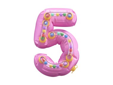 Şişirilebilir pembe 5 numara ve renkli tüpler.