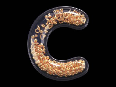 Siyah arkaplanda altın yüzükler ve toplarla dolu şeffaf c harfi