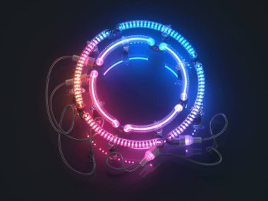 Flüoresan lambalar ve kablolarla neon dairesi