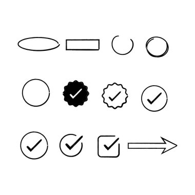 Hand Drawn Brush Stroke Sketch Elements Including Check Marks, Circles, and Arrow Vector Set.